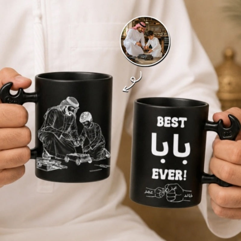 Custom Photo Line Art And Names & Best Dad Theme- Personalized Wrench-Shaped Mug