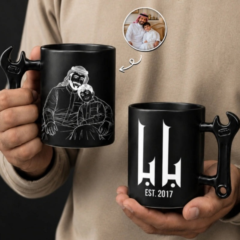 Custom Photo Line Art And Text For Dad– Personalized Wrench-Shaped Mug