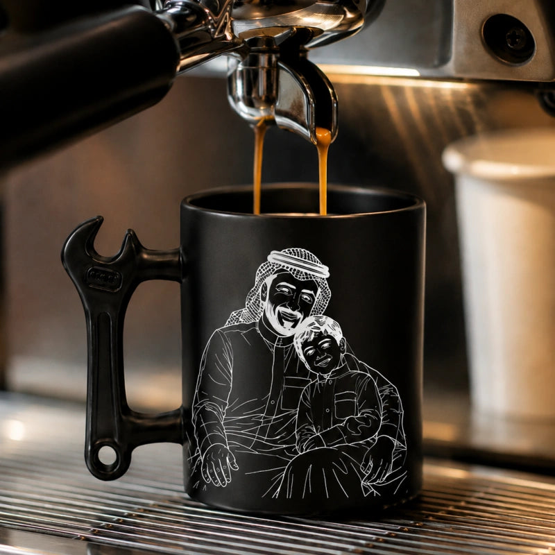 Custom Photo Line Art And Text For Dad– Personalized Wrench-Shaped Mug