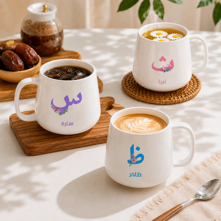 Custom Floral Arabic Letter Blocks And Name – Personalized Tapered Mug