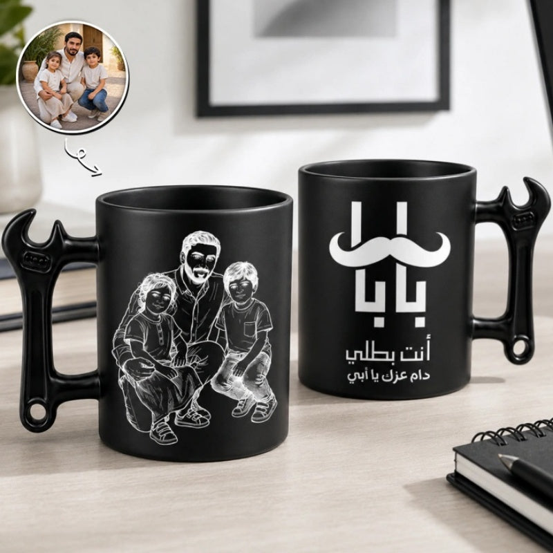 Custom Photo Line Art And Message For Dad- Personalized Wrench-Shaped Mug