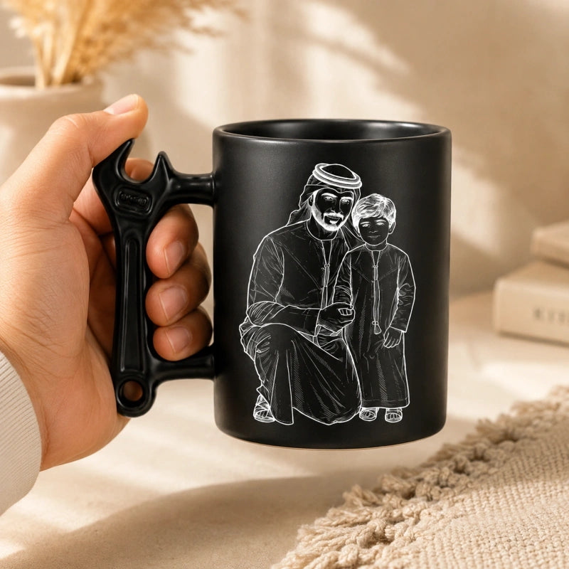 Custom Photo Line Art  For Dad– Personalized Wrench-Shaped Mug