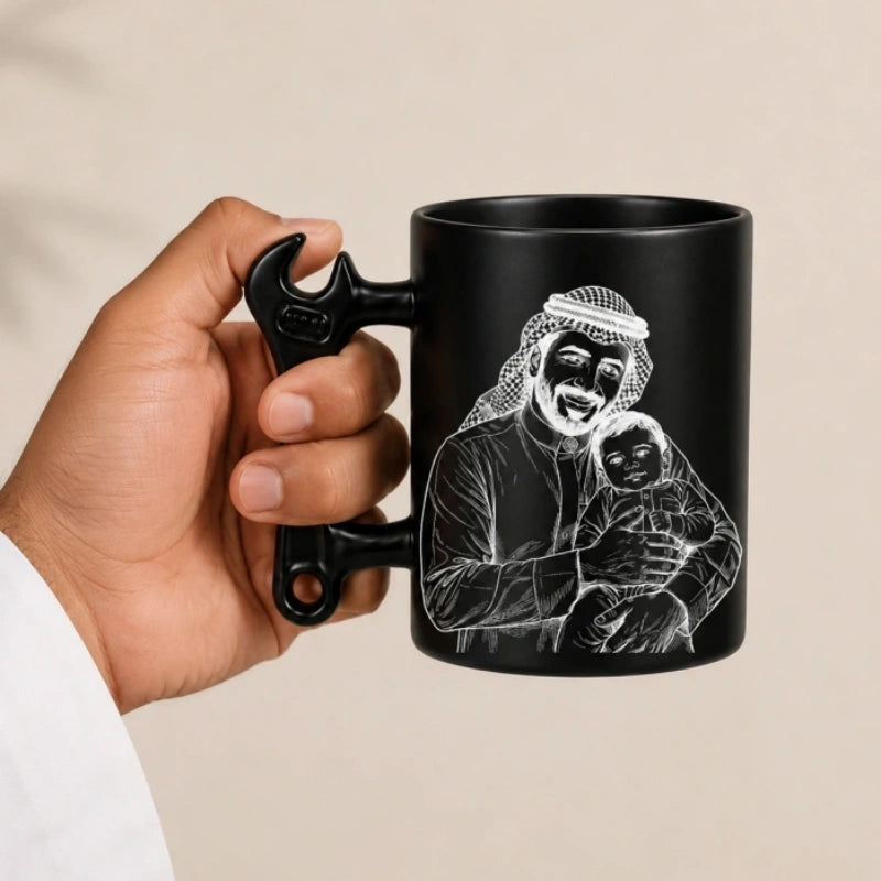 Custom Photo Line Art And Date For Dad– Personalized Wrench-Shaped Mug