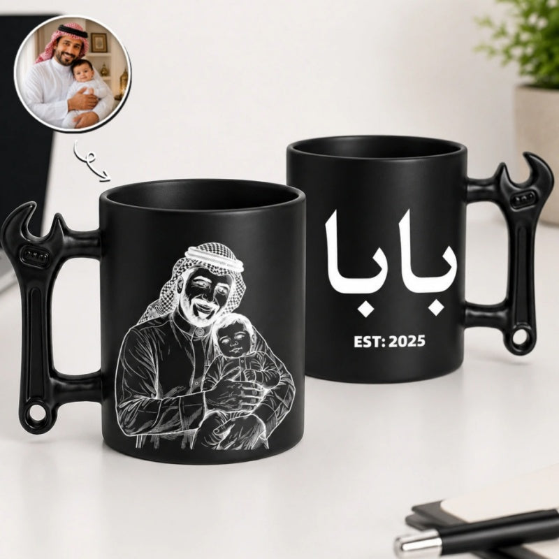 Custom Photo Line Art And Date For Dad– Personalized Wrench-Shaped Mug