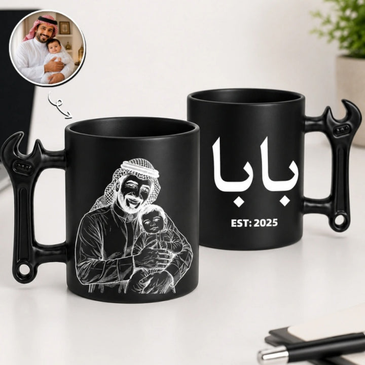 Custom Photo Line Art And Date For Dad– Personalized Wrench-Shaped Mug