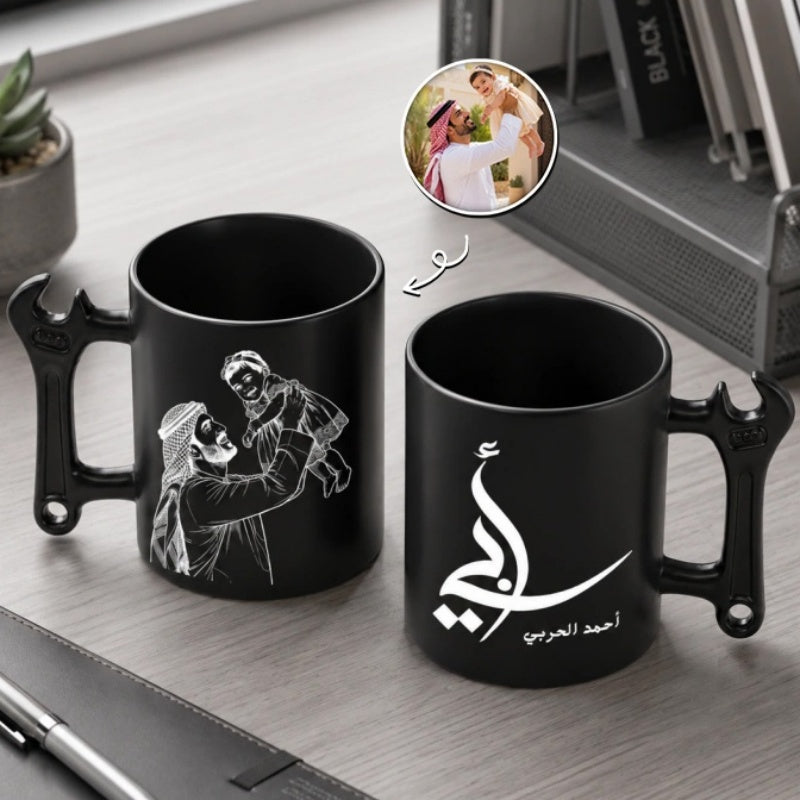 Custom Photo Line Art And Name For Dad- Personalized Wrench-Shaped Mug