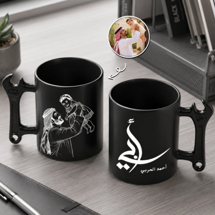 Custom Photo Line Art And Name For Dad- Personalized Wrench-Shaped Mug