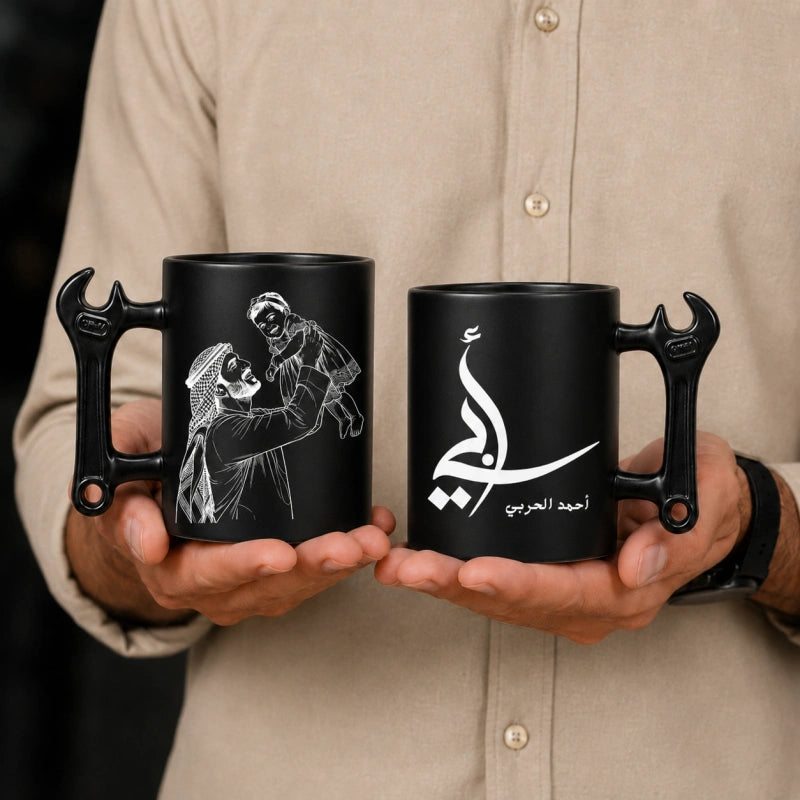 Custom Photo Line Art And Name For Dad- Personalized Wrench-Shaped Mug