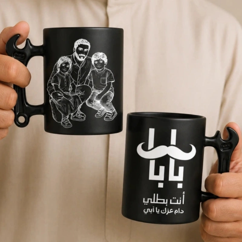 Custom Photo Line Art And Message For Dad- Personalized Wrench-Shaped Mug