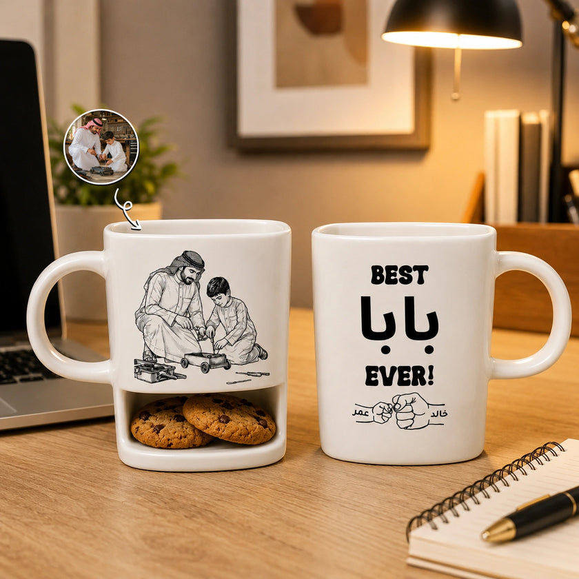 Custom Photo Line Art And Names & Best Dad Theme–Personalized Cookie Mug